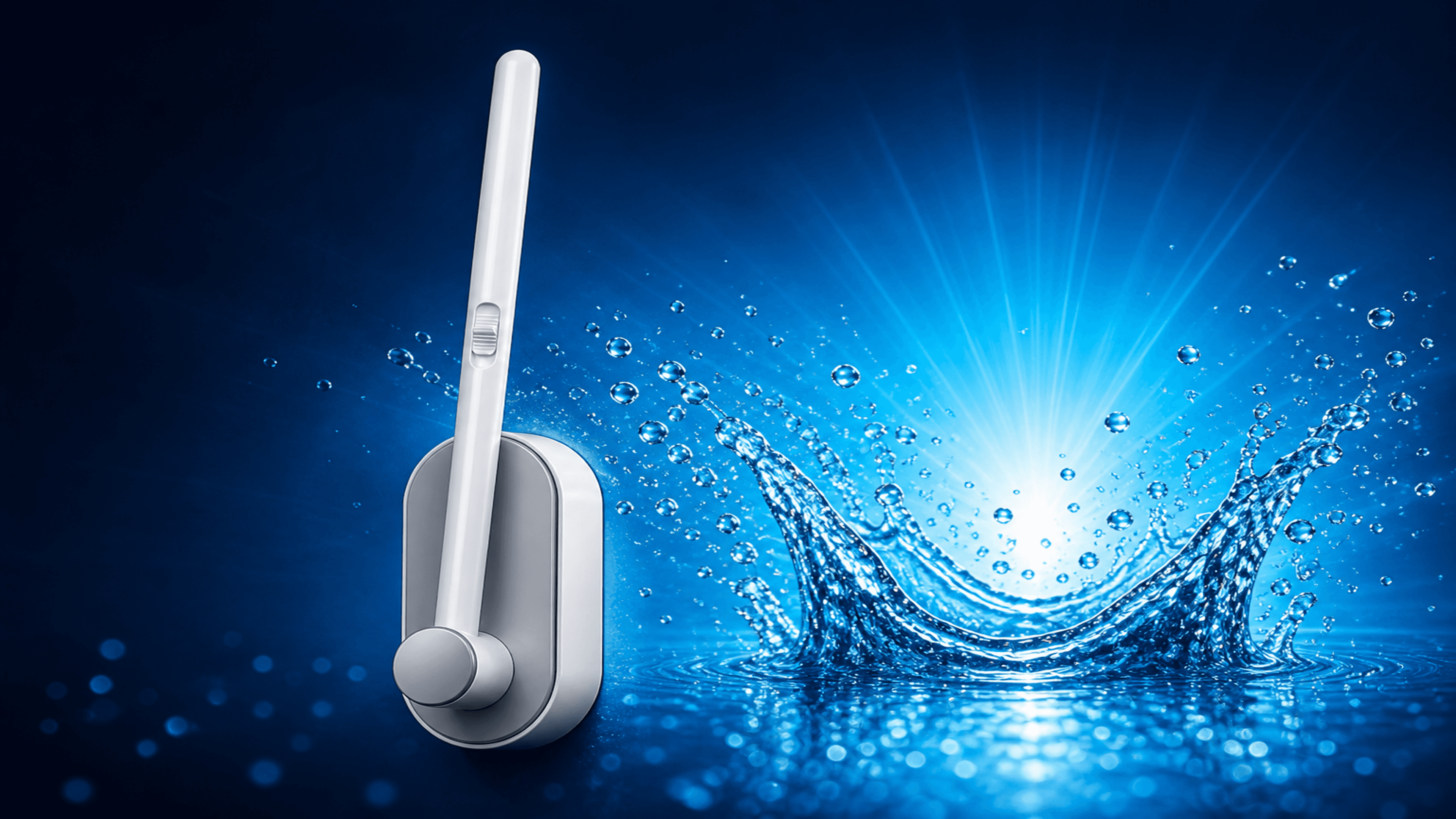 AquaWand toilet brush dipping into bowl with blue cleaner activating